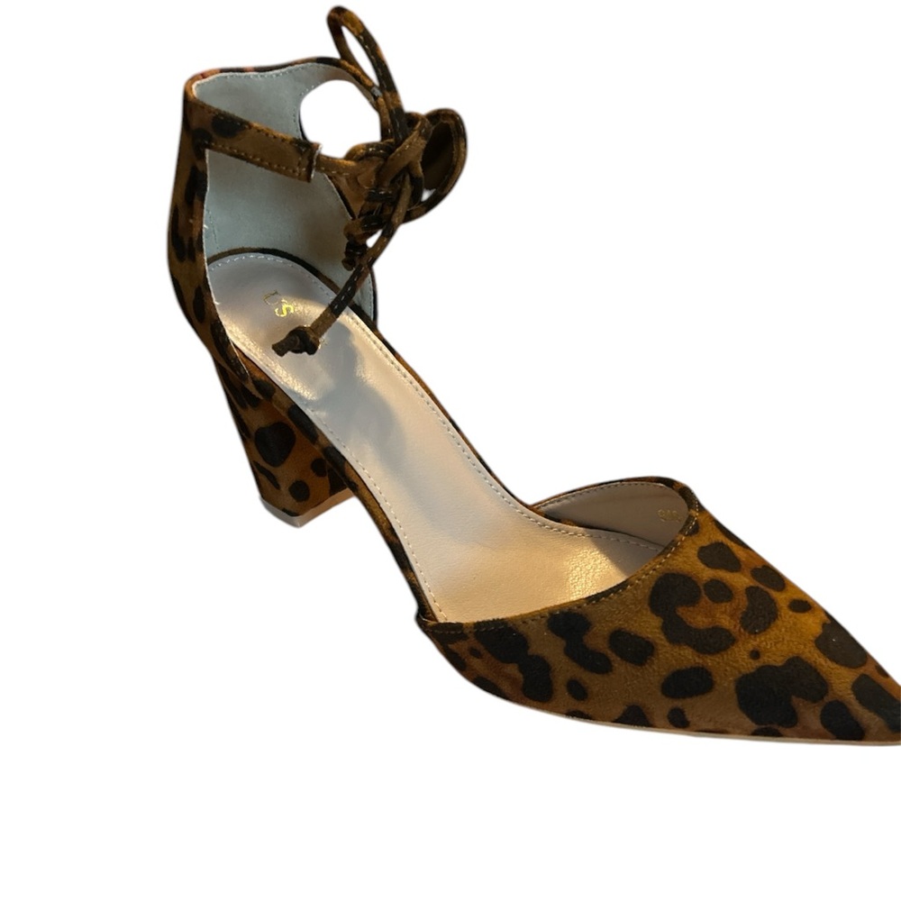 Allegra K Leopard Print Tan and Black Block Heel Ankle Tie Pumps